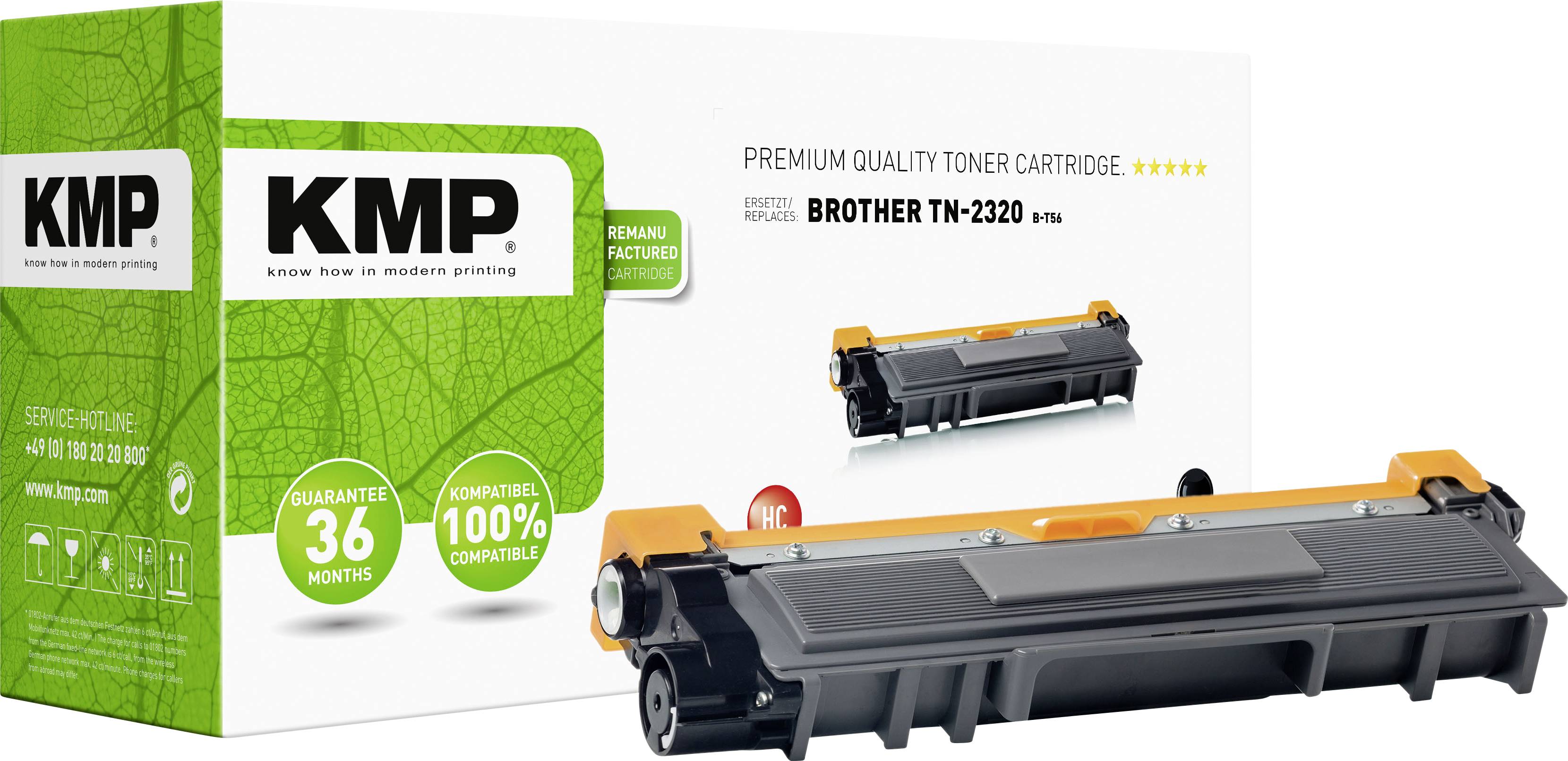 Toner Cartridge KMP for Brother TN-2320, compatible, in packaging with environmental label and warranty information. 36-month warranty.