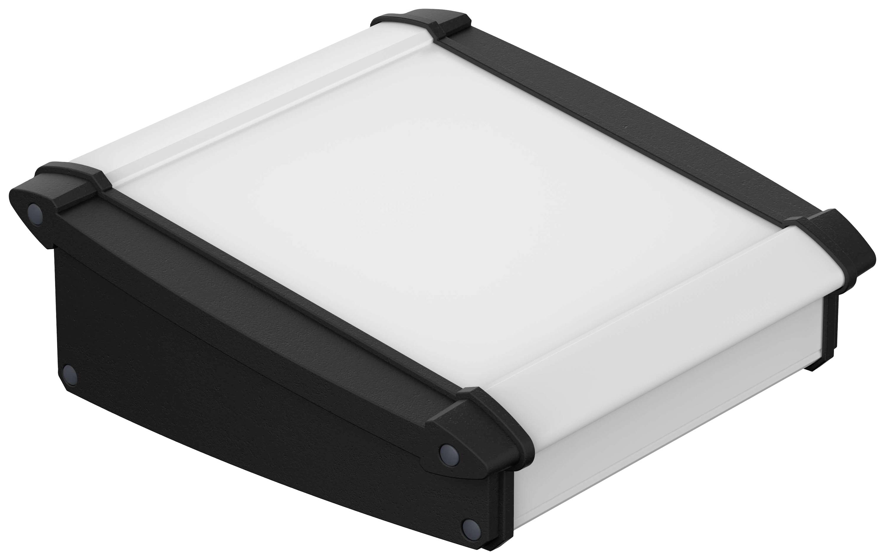 A black, rectangular enclosure with rounded corners and a white, opaque lid.