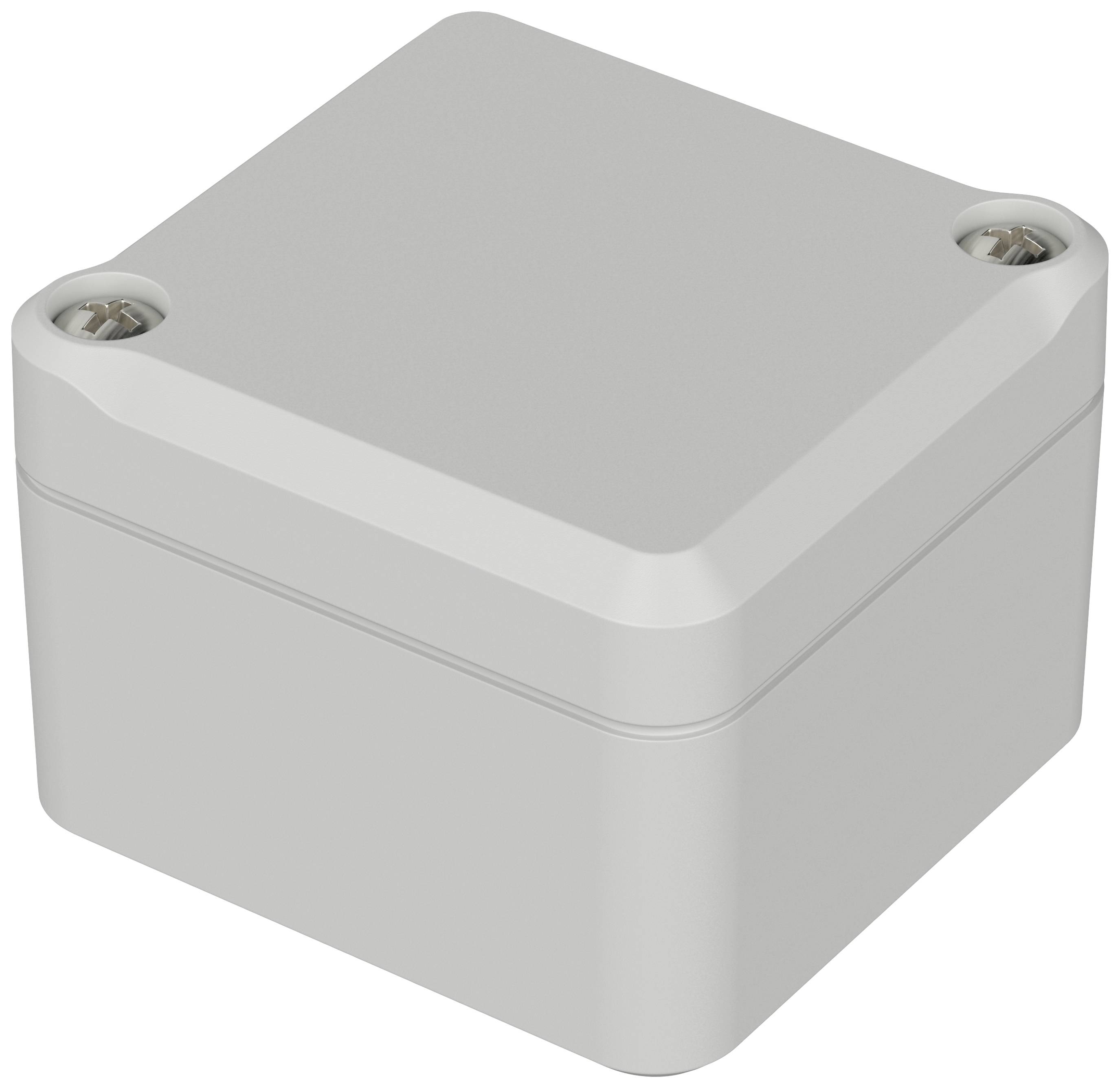 Grey, rectangular plastic casing with rounded corners and two visible screws at the upper corners.