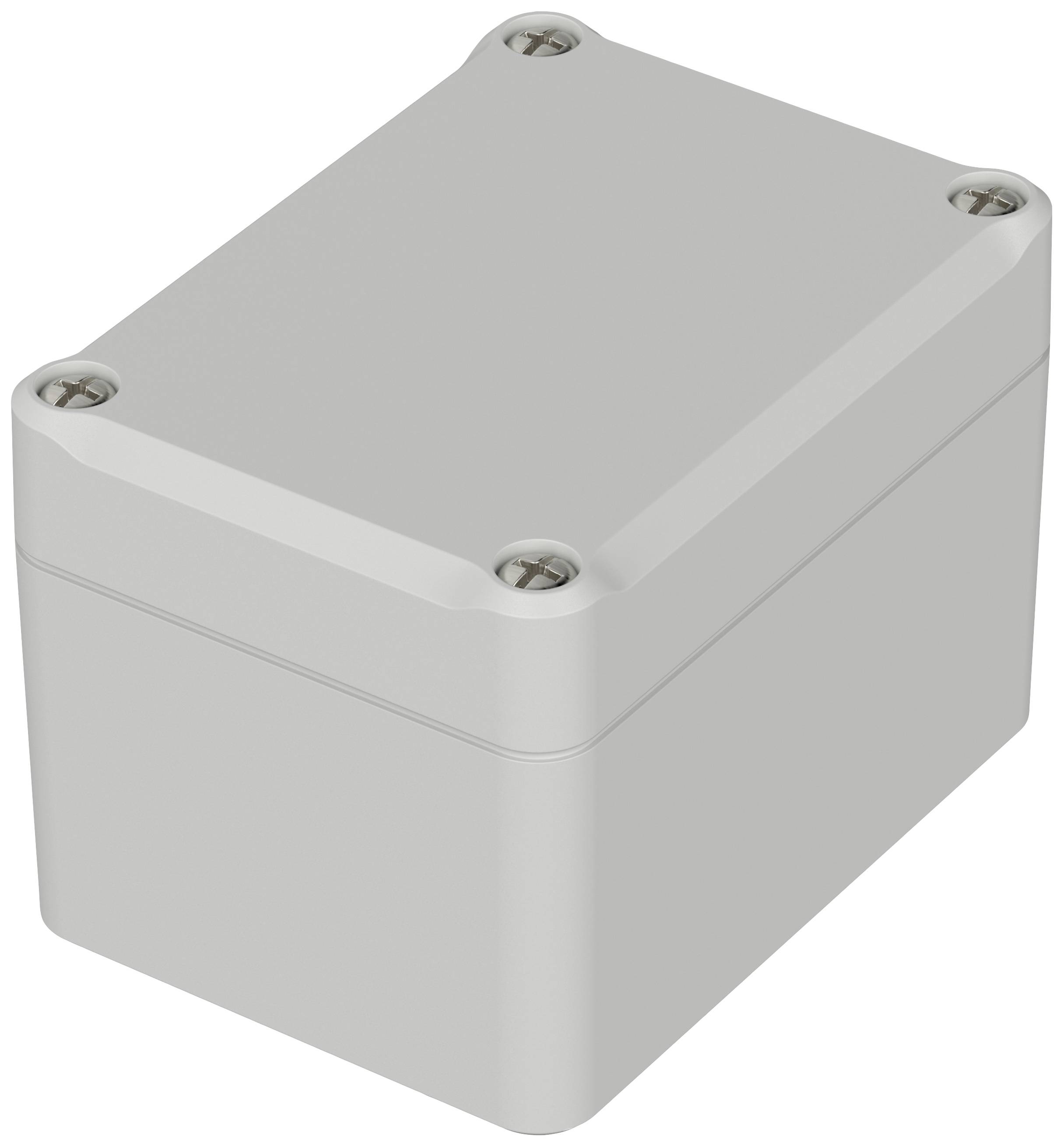 A rectangular, grey enclosure with four screws at the corners, presumably for electronic assembly.