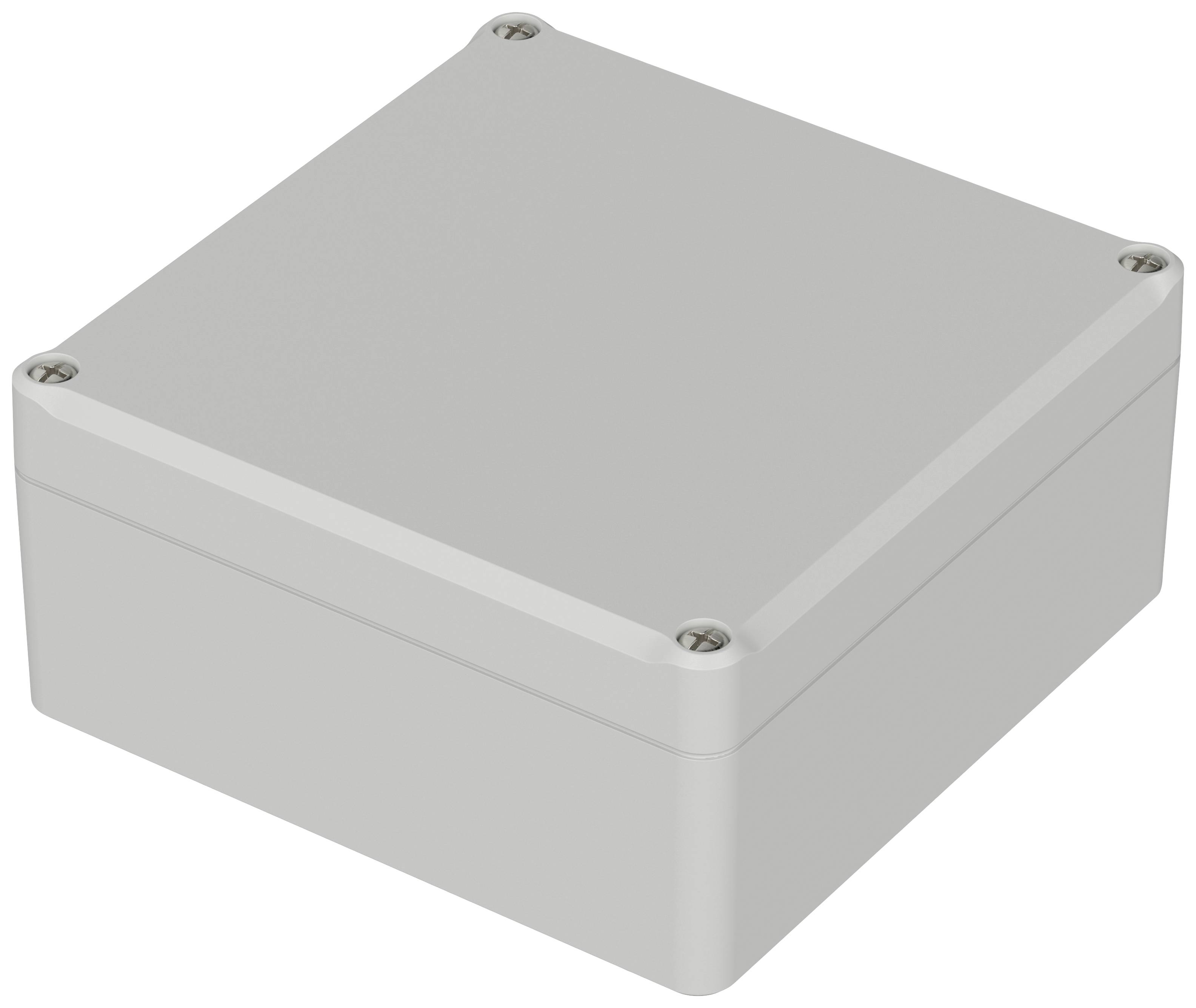 Rectangular, grey plastic enclosure with rounded corners and screws at each corner. Suitable for electronic components.Note: In this case, the translation was essentially already in British English. No significant changes were needed.