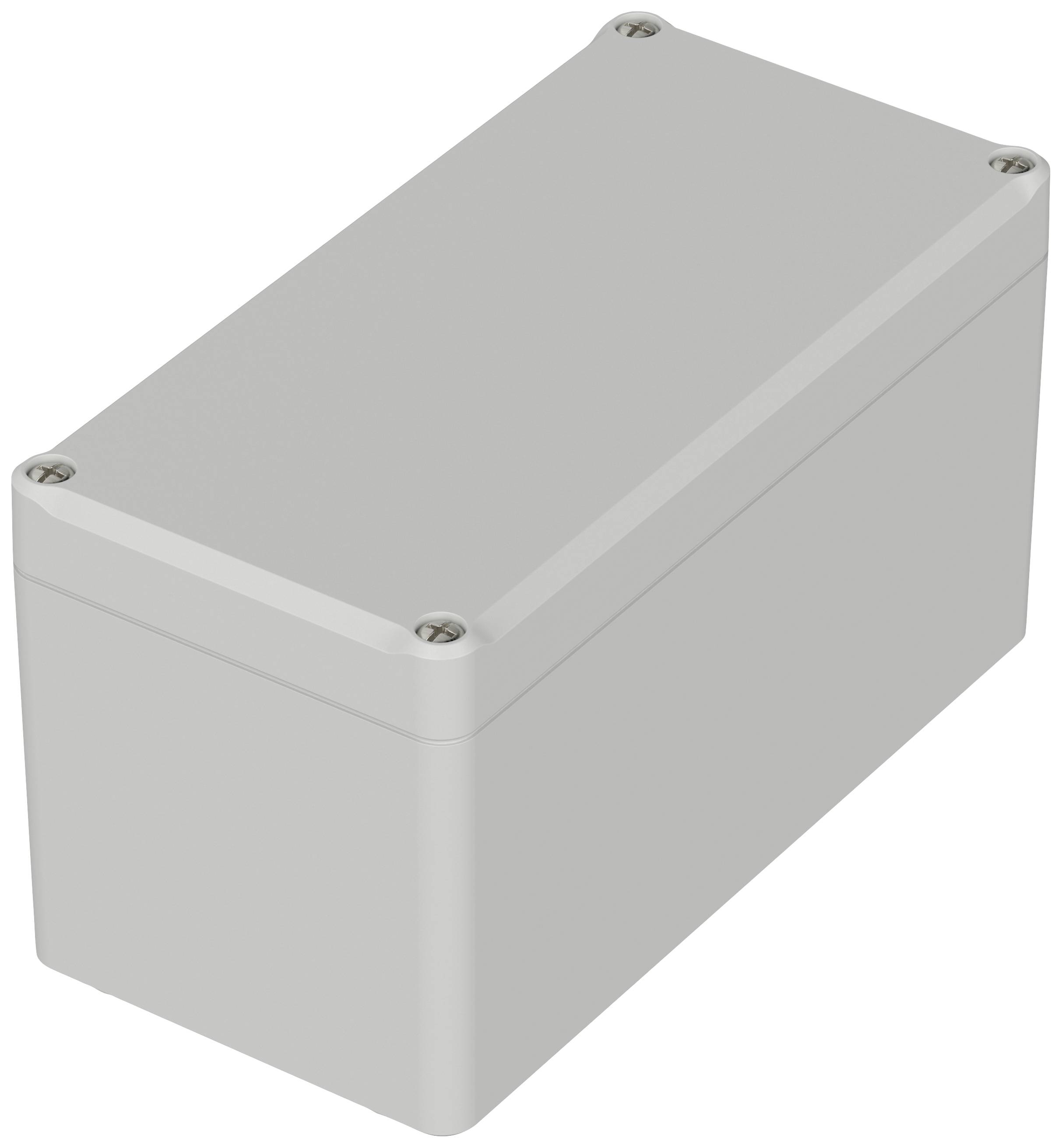 Grey rectangular enclosure with screws in the corners, suitable for housing electronic devices.