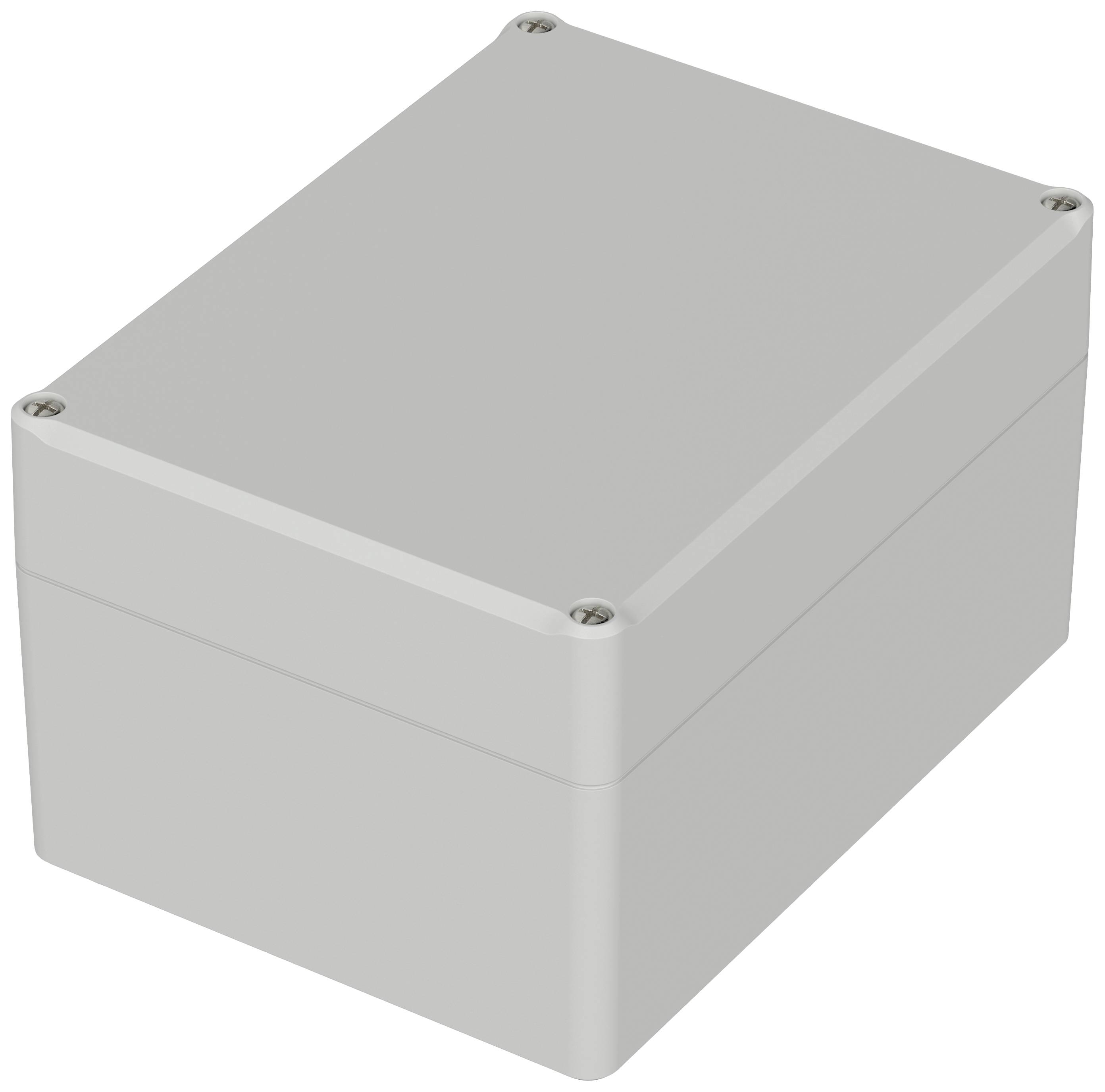 Grey plastic box with screws at the corners, on a neutral background.