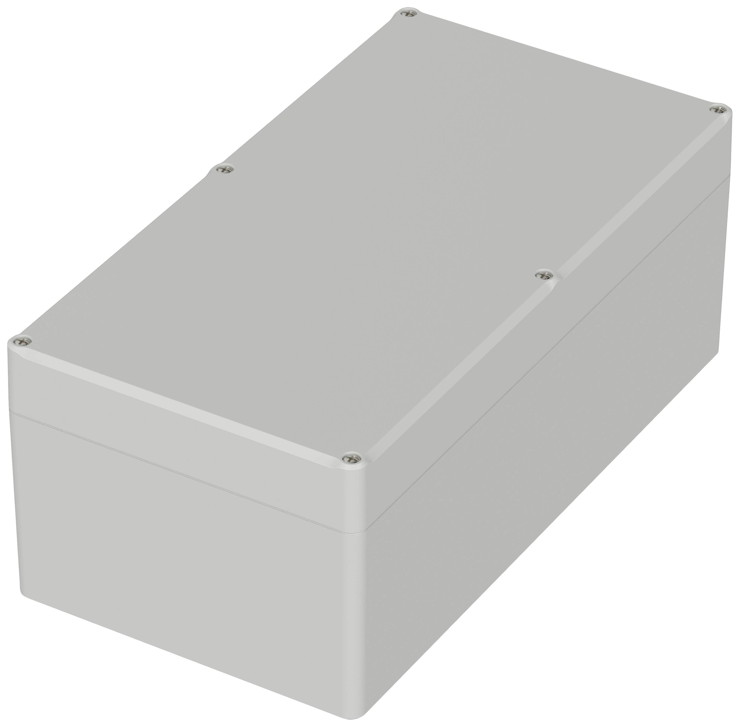 Rectangular grey enclosure, presumably made of plastic, with screws at the corners.