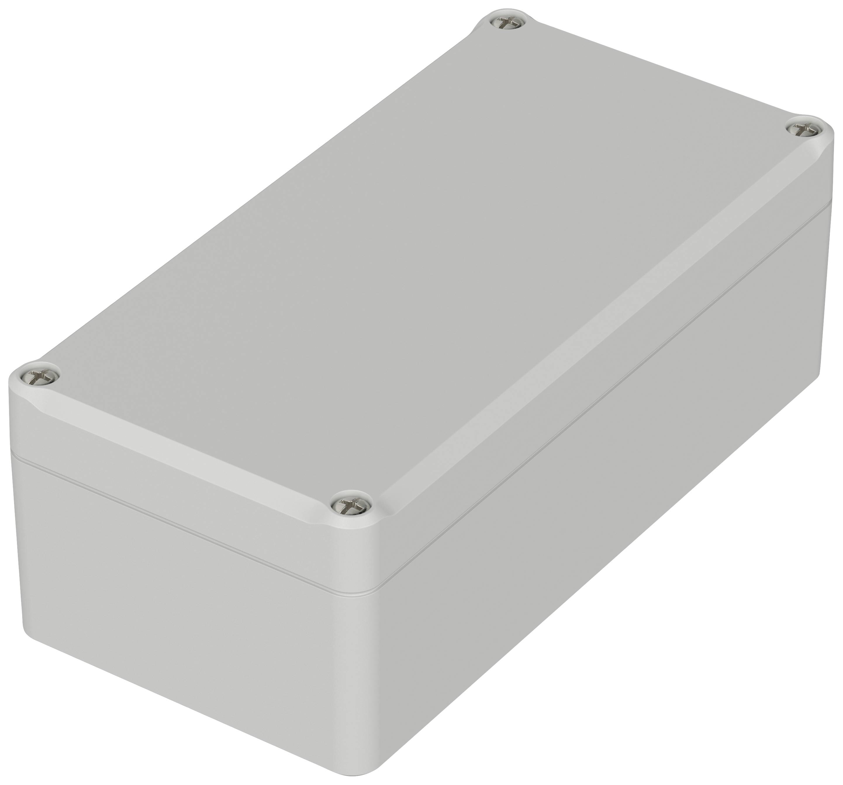 Grey, rectangular enclosure with rounded corners and four screws at the corners. Suitable for electronic or cable installation.