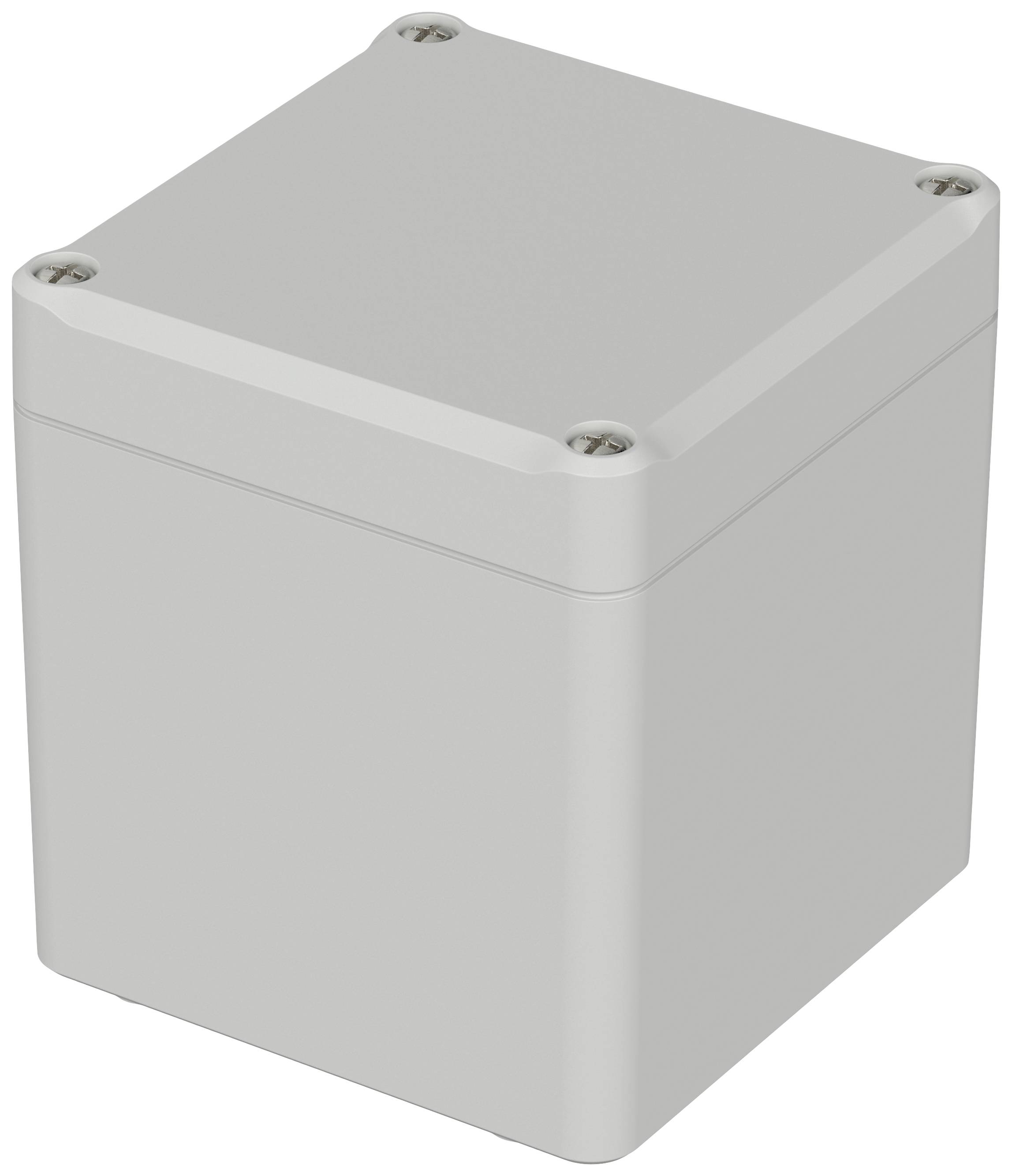 A white, square enclosure, photographed slightly from above, with four screws at the corners.