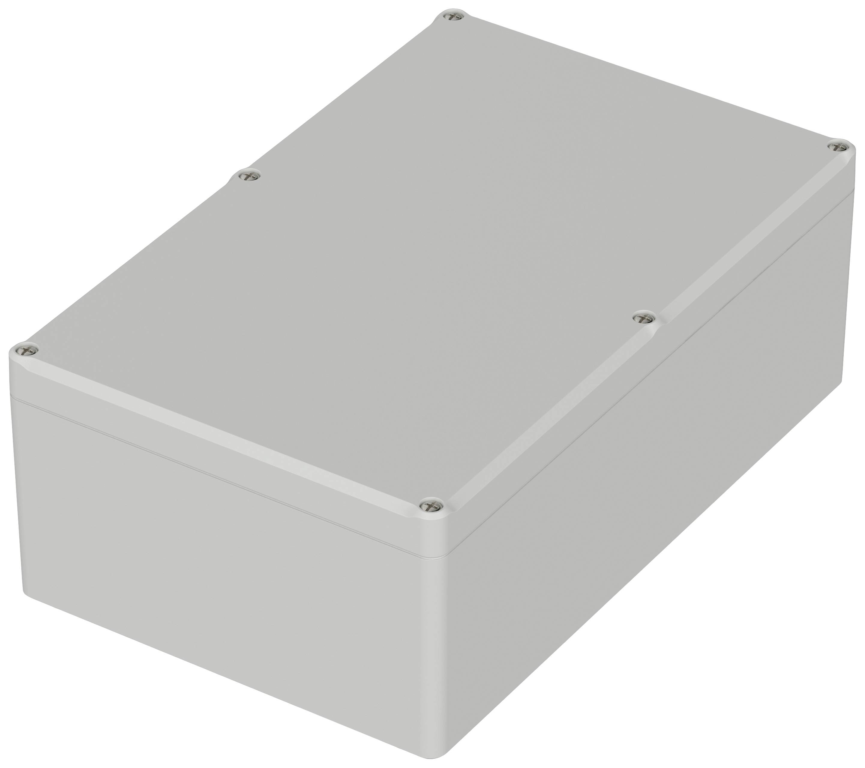 Grey rectangular box with six screws at the corners and edges.