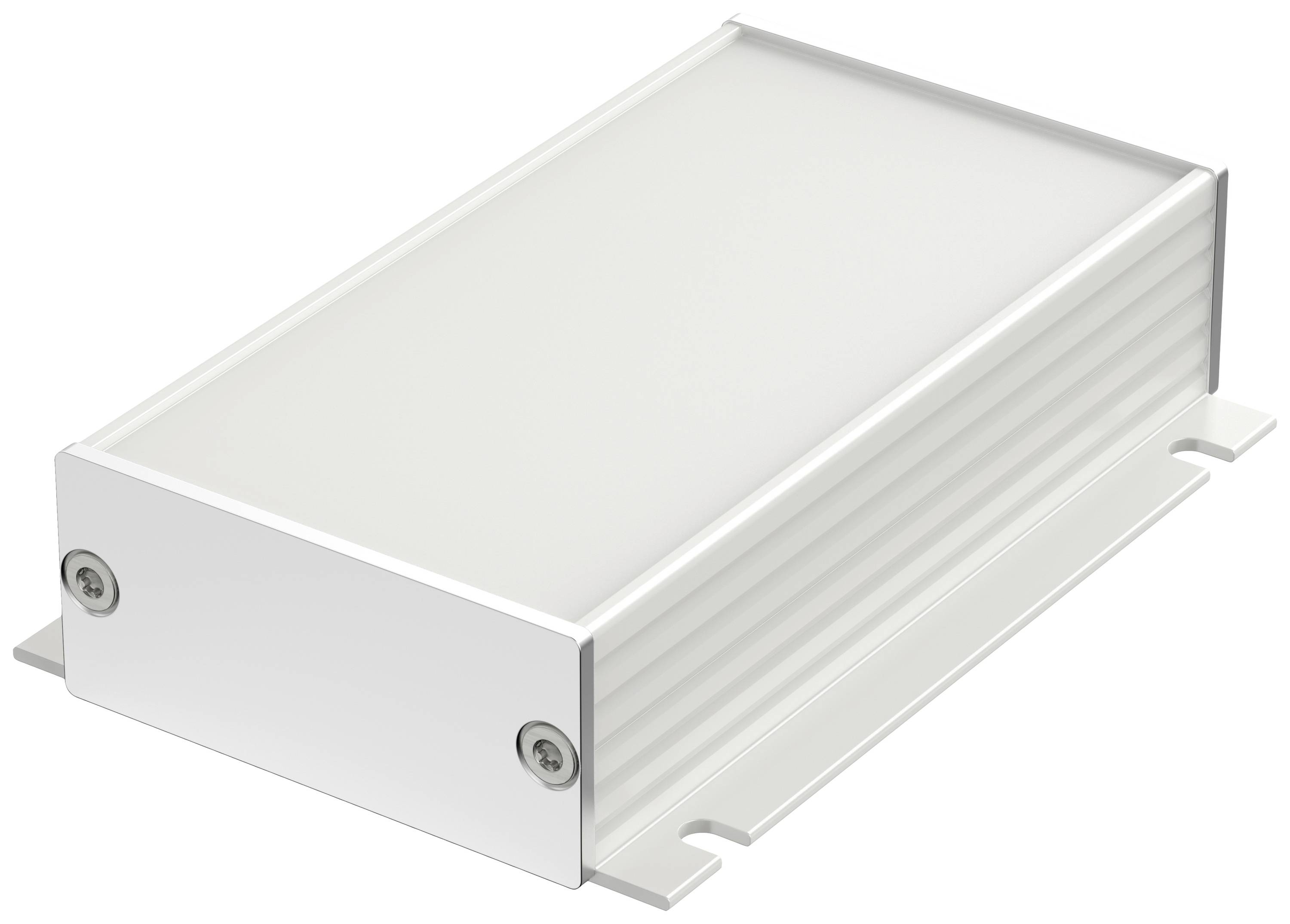 A rectangular, silver metal casing with a ridged surface and screws at the corners.