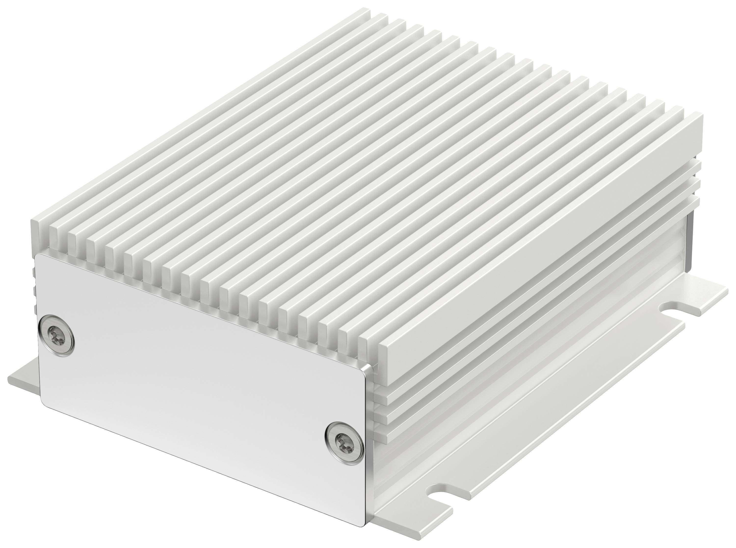 Metal casing with cooling fins, rectangular and grey. Typically used for passive cooling of electronic devices.
