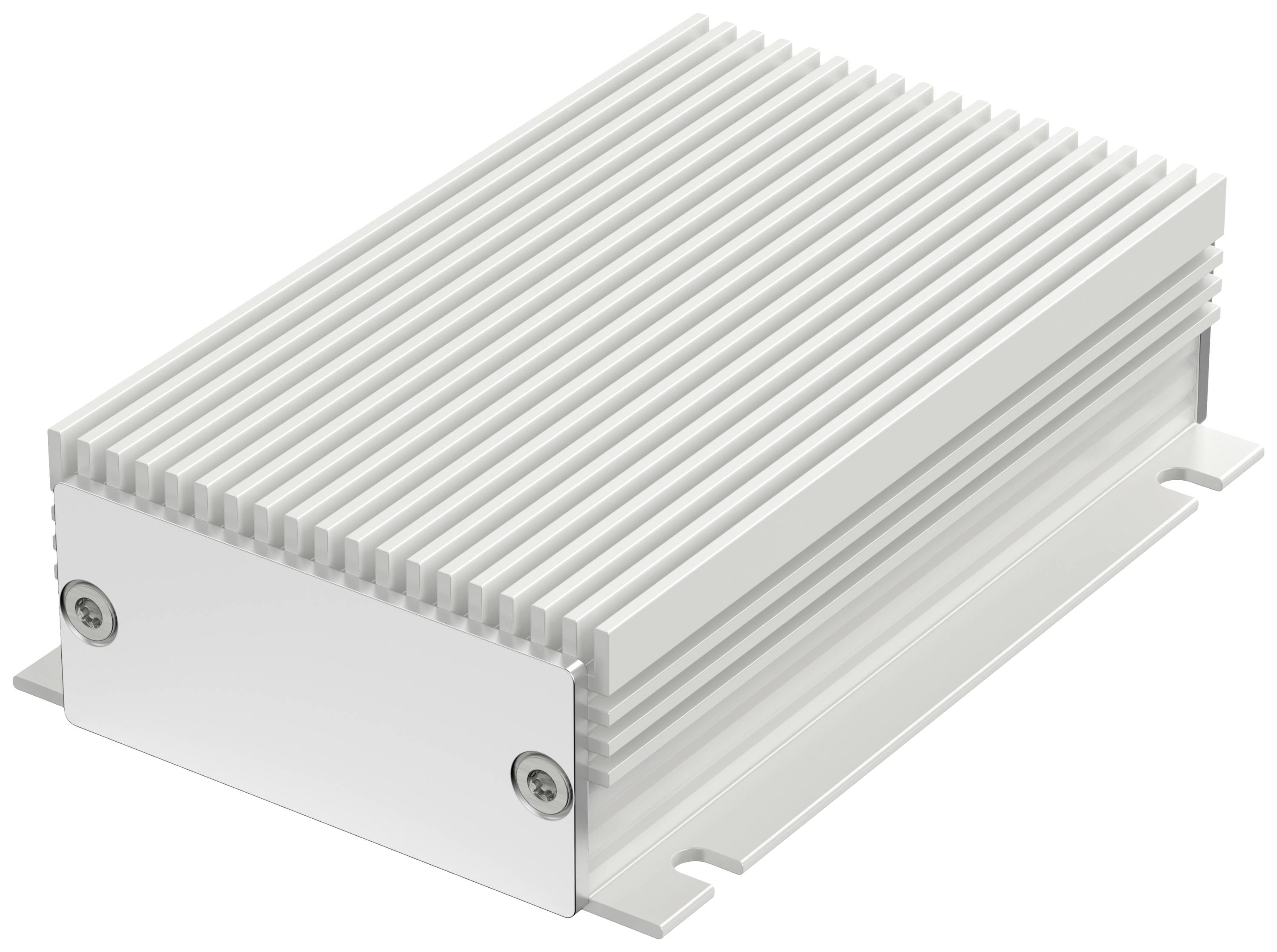 A rectangular, silver device with a ribbed casing, two screws on the front, possibly a technical component.