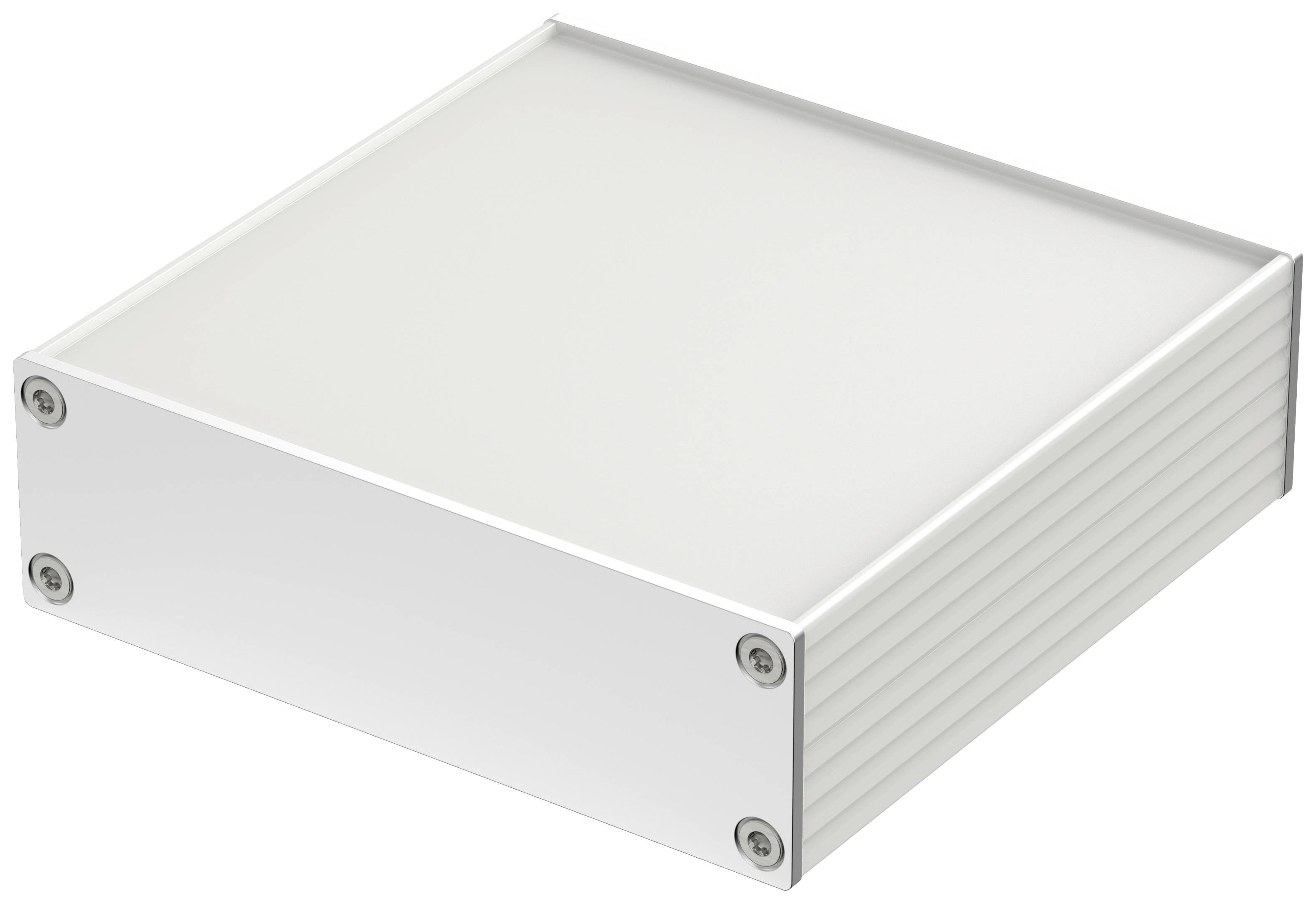 White, rectangular metal box with screwed corners and corrugated side profile.