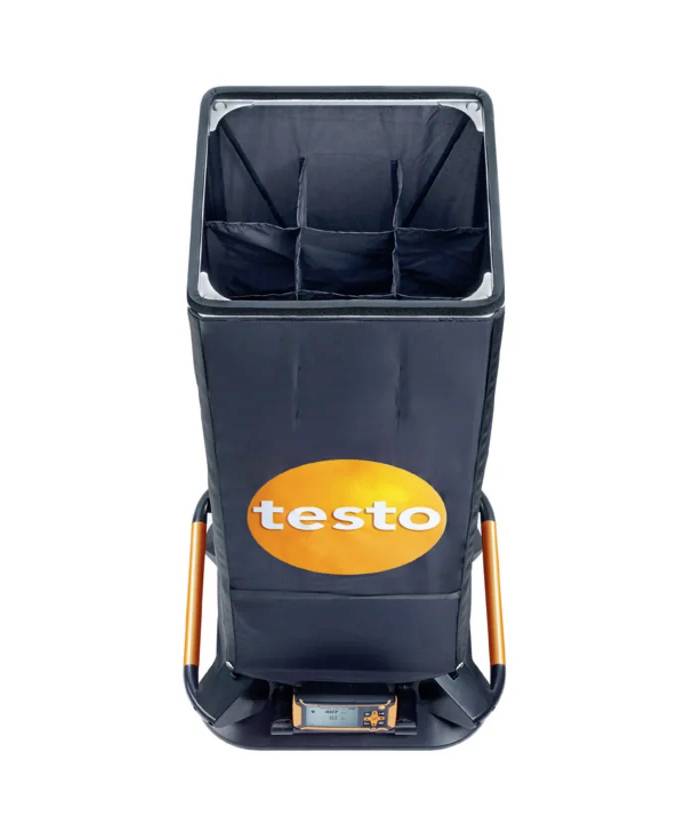 A black air flow measurement device with an orange 'testo' logo and a digital display at the base.