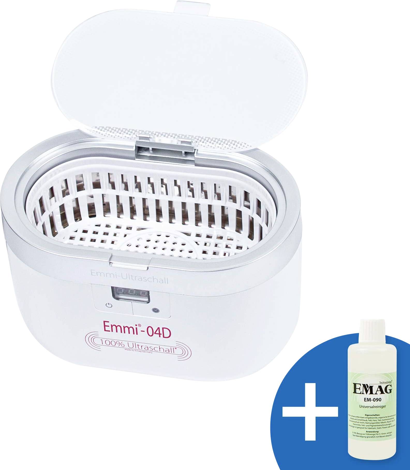 Ultrasonic cleaner with open lid and basket, shown with EMAG cleaning solution bottle included.