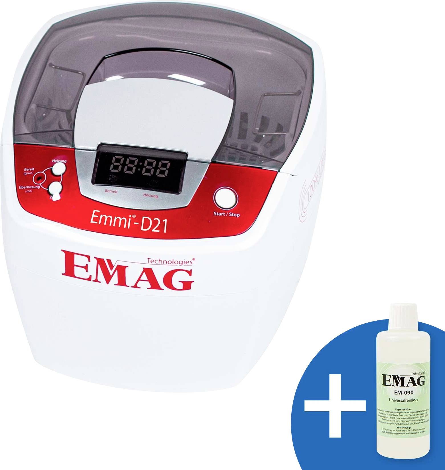 Emmi-D21 ultrasonic cleaner by EMAG with digital display, Start/Stop button, and a bottle of EMAG cleaning solution shown with a plus sign.