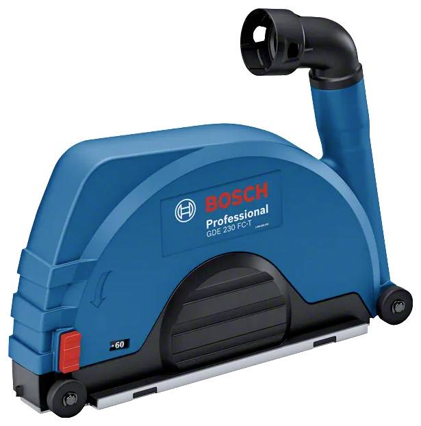 'Bosch Professional GDE 230 FC-T' dust extraction system for angle grinders with a blue body, black tube, and red adjustment knob.