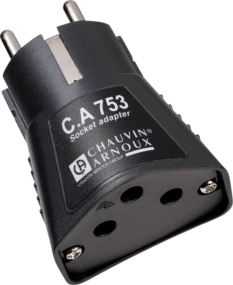 A black socket adapter, Model C.A 753 by Chauvin Arnoux, with two plugs and three holes.