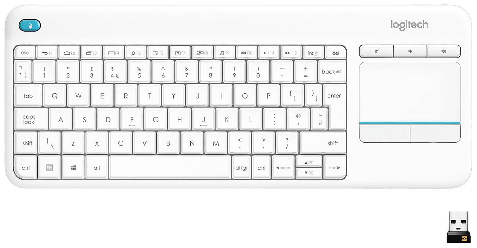 Logitech Wireless K400 Plus Radio Keyboard German, QWERTZ, Windows® White Built-in touchpad, Mouse buttons