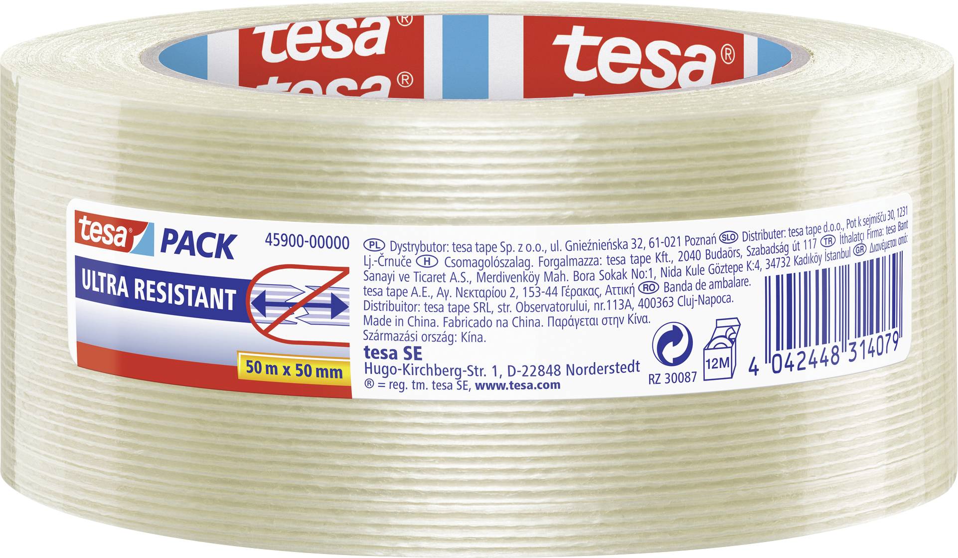 A roll of transparent adhesive tape by Tesa with the inscription 'Ultra Resistant'. Contains packaging and product information.