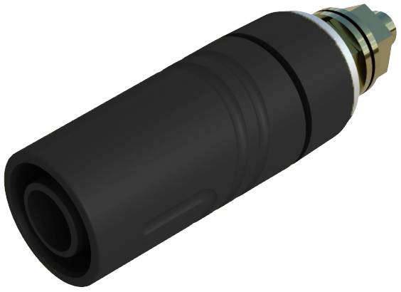 Black electric plug with metal threading and insulation, suitable for industrial applications.