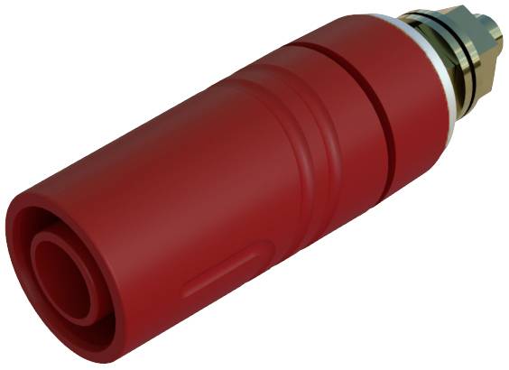 A red cylindrical pipe bend with metal connection, used in piping systems for joining or extending pipework.