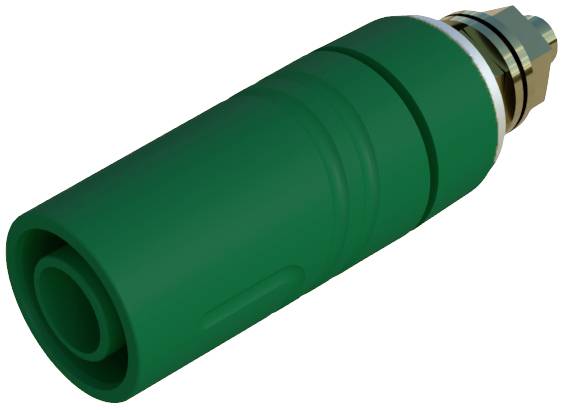 Green adapter with metallic components at one end, used for connections in technical applications.