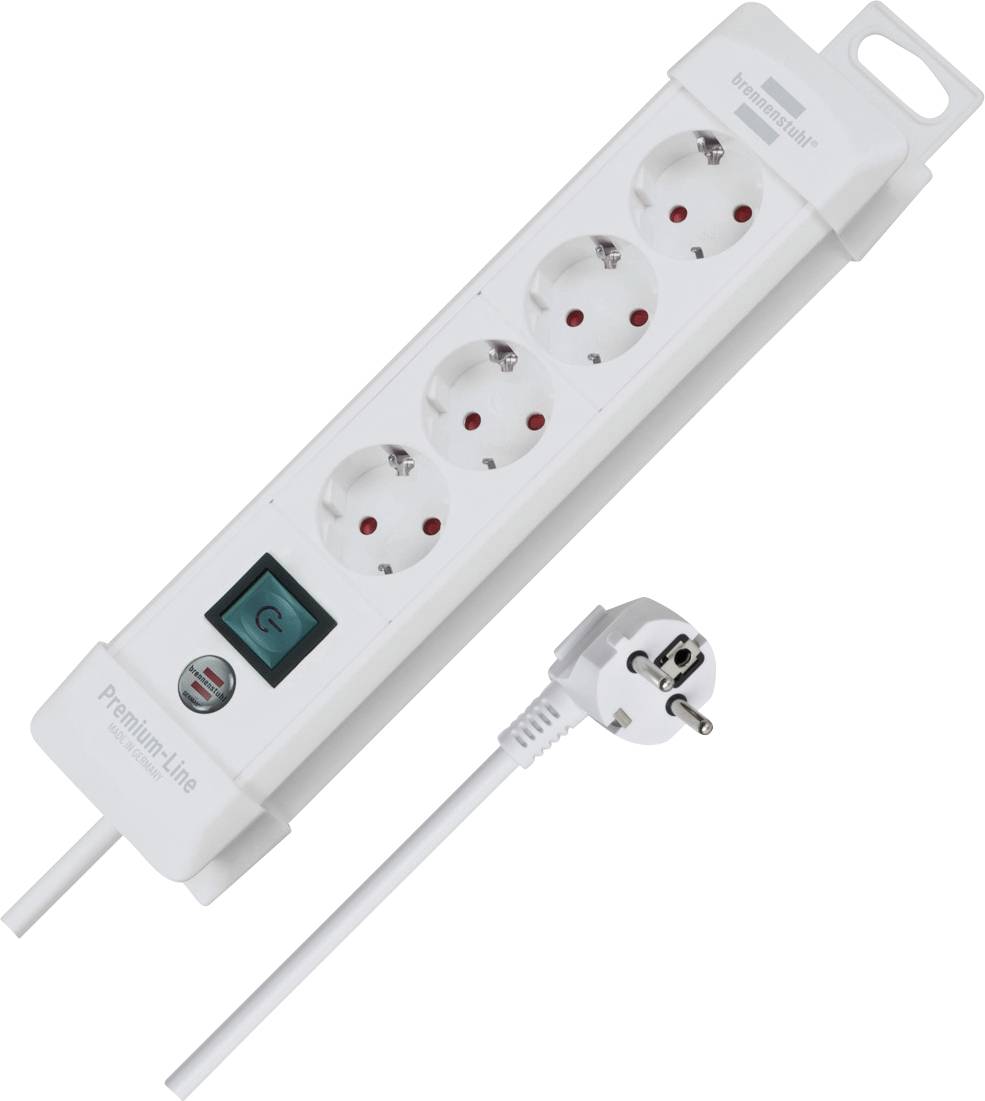 White four-outlet power strip with on/off switch and European plug, shown on a white background.