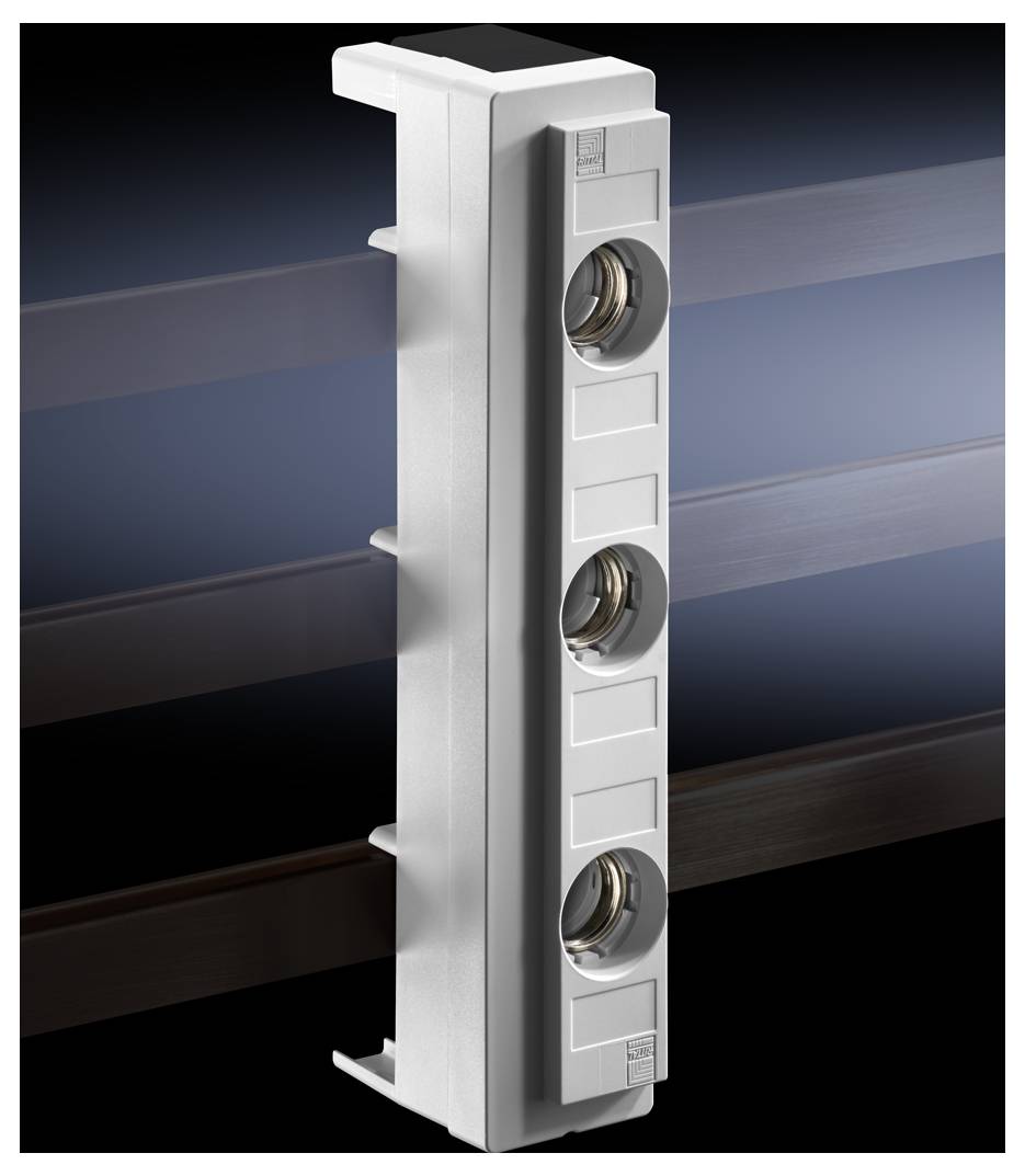 Electrical component with three round buttons on the front, arranged vertically. Plastic casing, background in blue and brown tones.