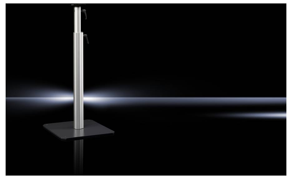Metallic stand on a black background, illuminated by a horizontal light strip.