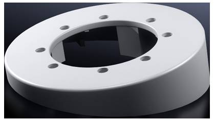 White, round, flat metal ring with eight symmetrically arranged holes on a dark background.