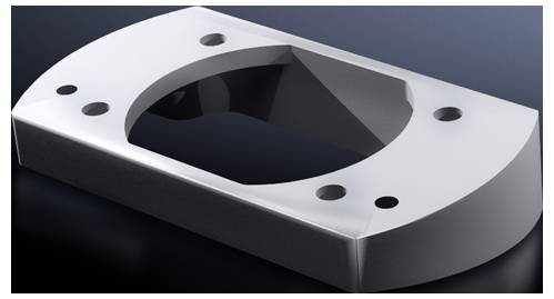 Metallic machine component with a rectangular cavity and four mounting holes, displayed against a black background.