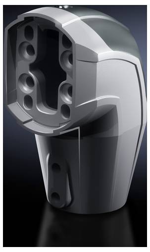 A futuristic, grey device with a curved surface and multiple mounting points, possibly a technical component.