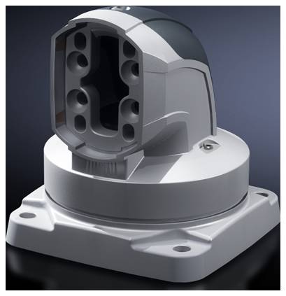 A grey, industrial connector with rounded edges on a square base, illuminated against a dark background.