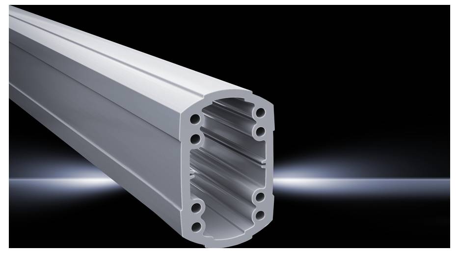 Aluminium profile with an oval cross-section and multiple internal chambers, against a black background with light effect. Ideal for technical applications.