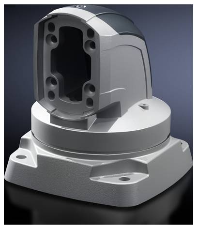 Metal mounting bracket for a surveillance camera socket, colourless, with multiple screw holes, against a dark background.