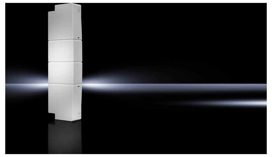 White, modernly designed, turret-shaped speakers against a dark, gleaming background. Illuminated outlines accentuate the design.