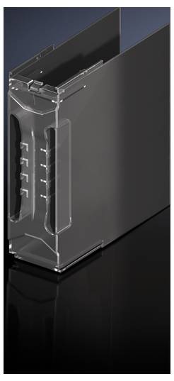 A transparent, rectangular plastic closure for a metallic profile, placed on a dark, reflective surface.