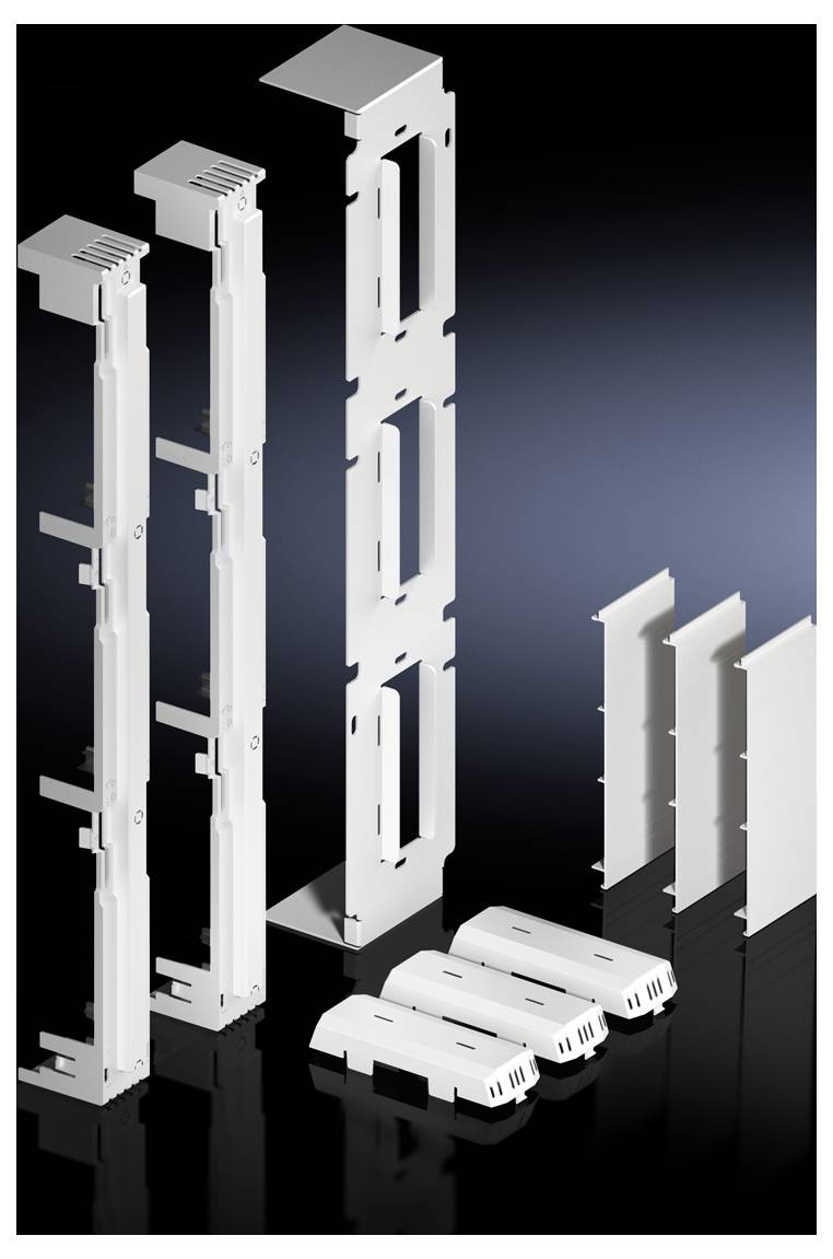 A technical housing system with multiple white components, including vertical mounting brackets and covers, on a black background.
