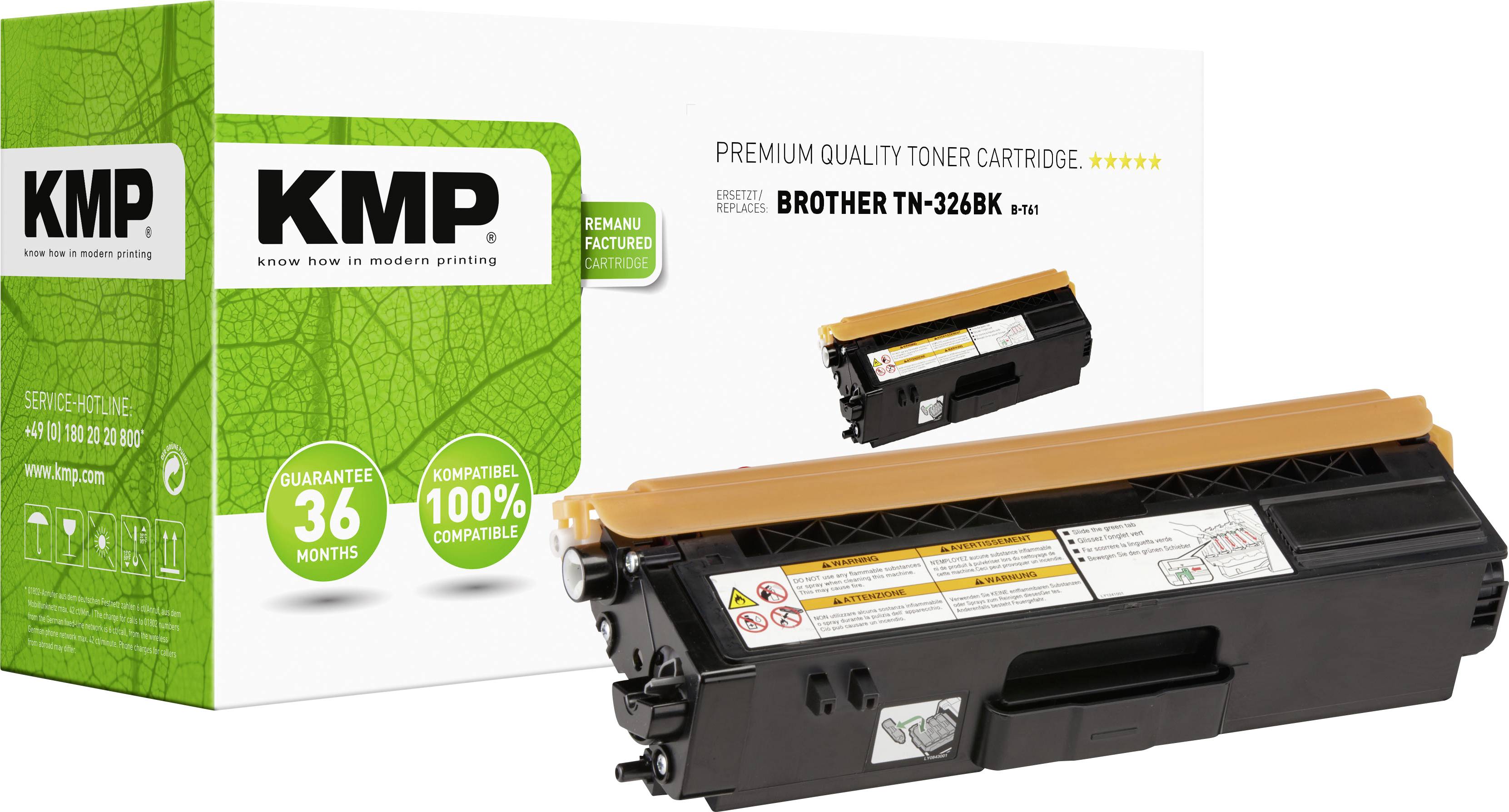 Toner cartridge 'BROTHER TN-328BK' by KMP in front of green packaging. Guarantee: 36 months. Climate neutral, 100% compatible.
