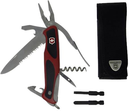 Multifunction tool with red handles, unfolded blades and accessory pouch clip. Includes pliers, knife, saw and screwdriver bits.
