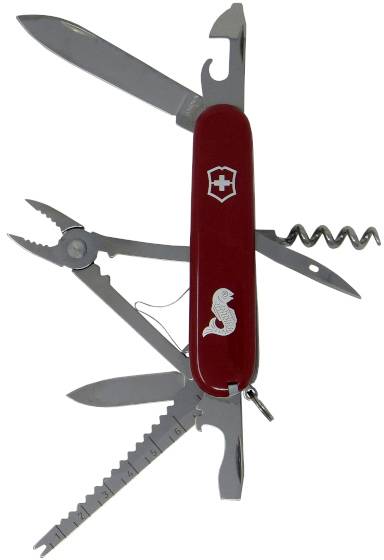 A red multi-tool pocket knife with several tools, including a blade, scissors, screwdriver, and corkscrew.