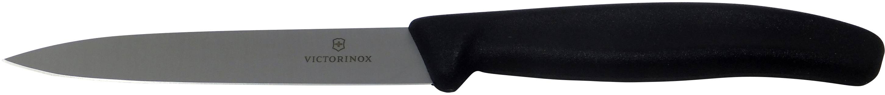 A kitchen knife with a black handle and silver blade.