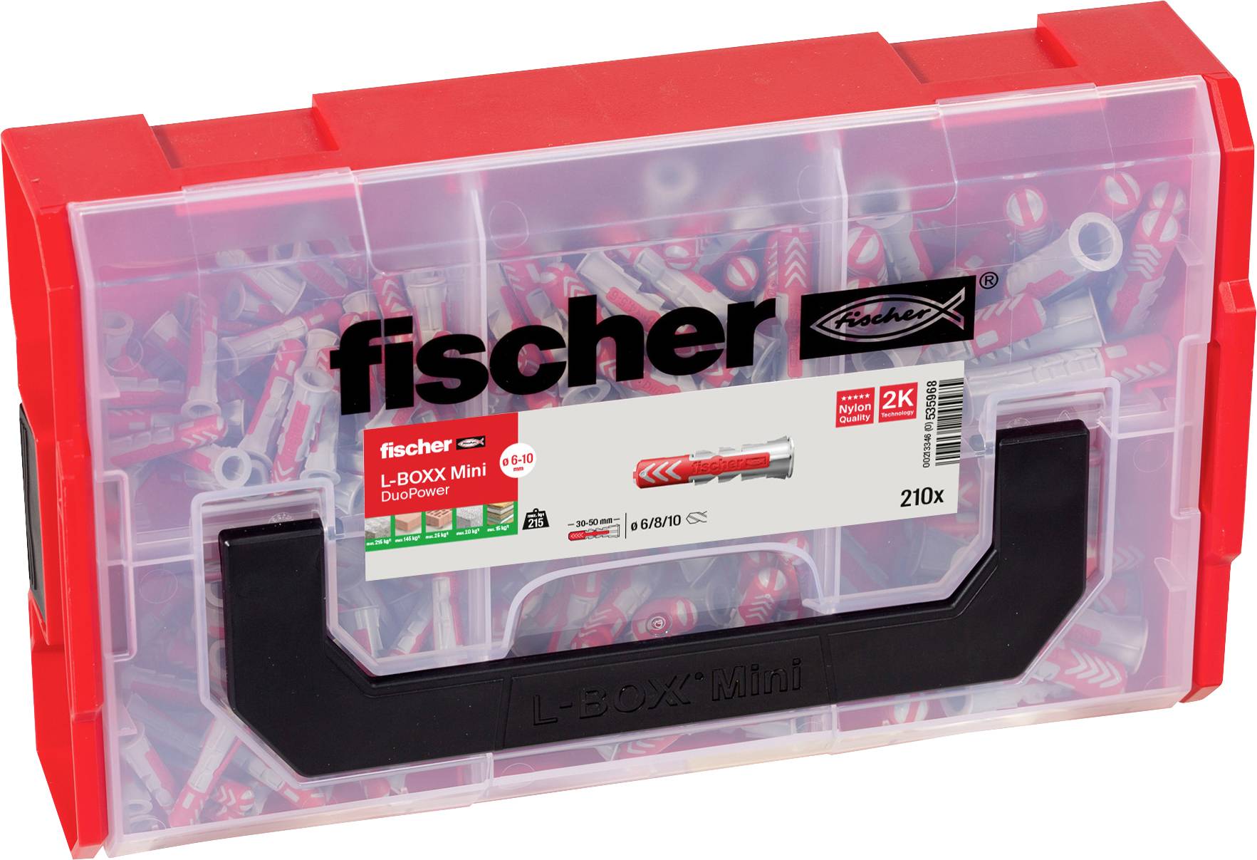 A red plastic box with the inscription 'fischer L-BOXX Mini DuoPower'. Contains 210 grey and red wall plugs.