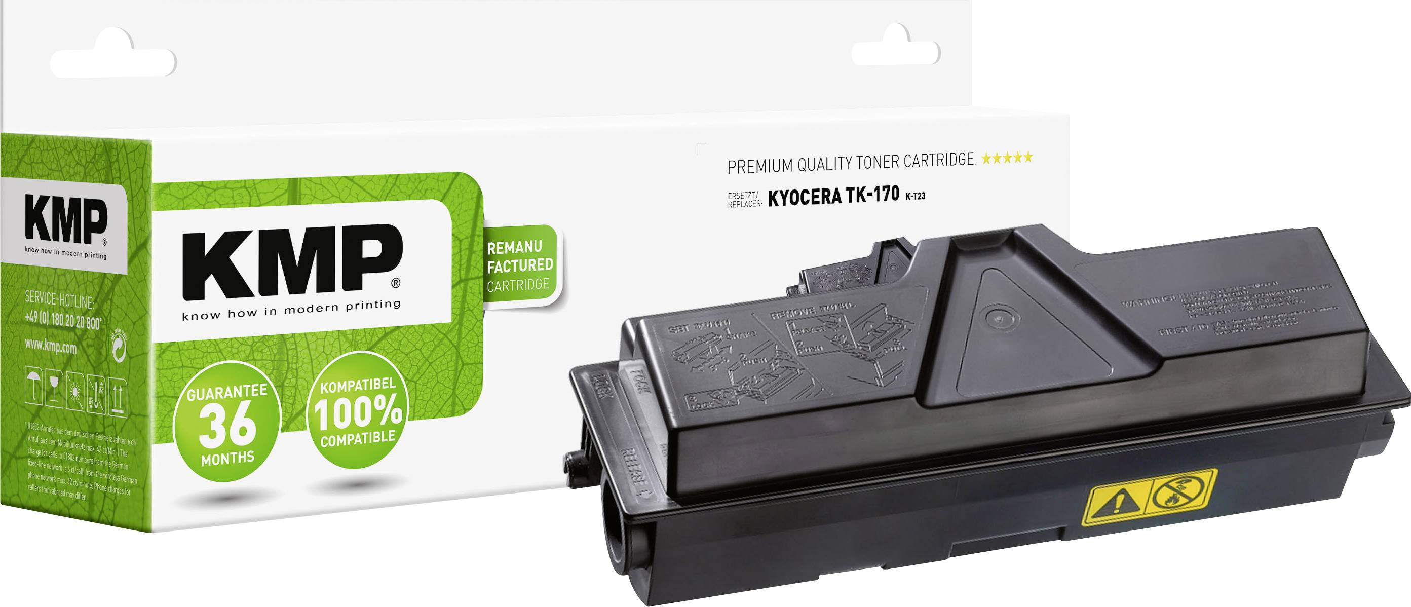 KMP toner cartridge for Kyocera printers, Model TK-170, in black. Packaging shows a 36-month guarantee and 100% recyclable.