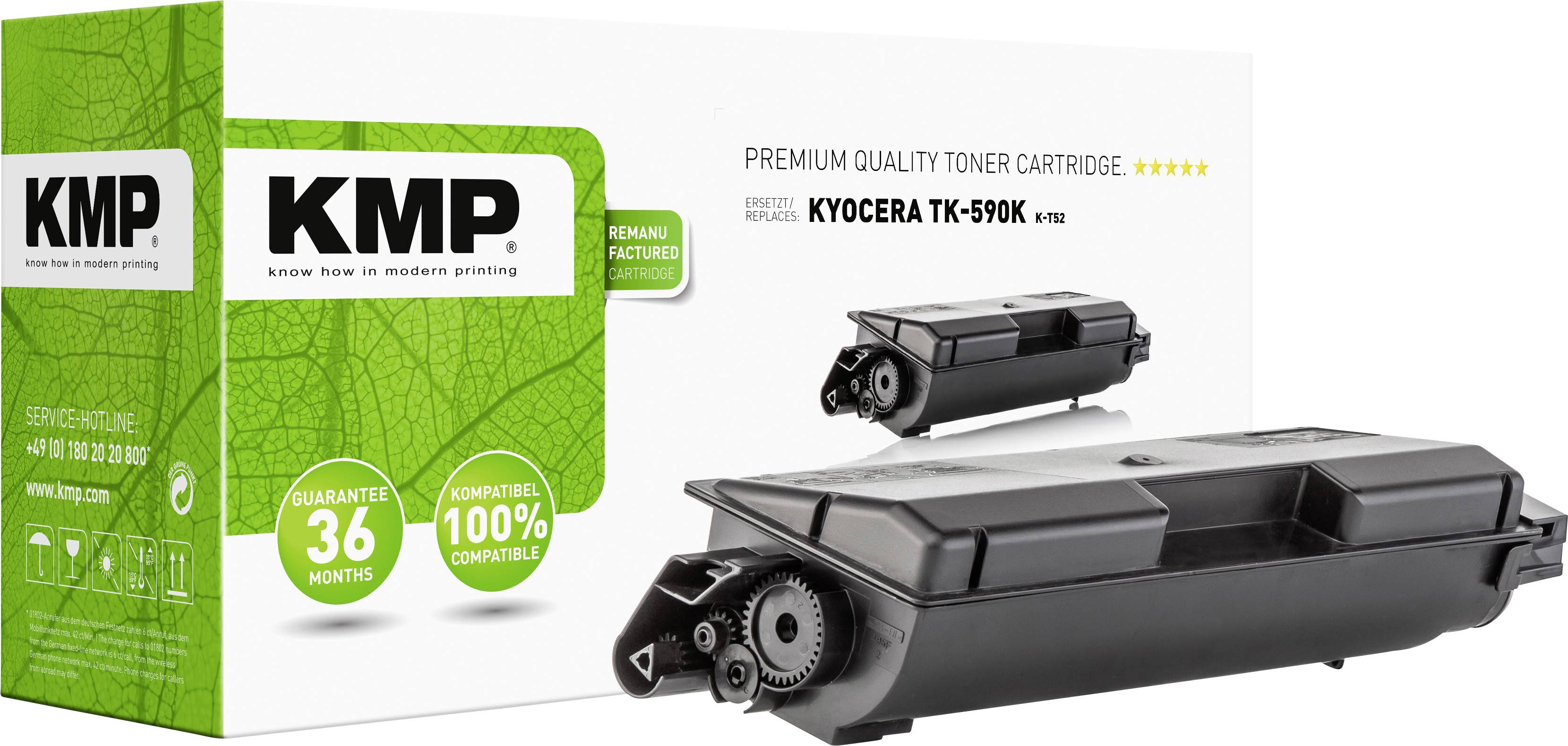 Kyocera TK-590K toner cartridge before its packaging, showing features such as '36 months warranty' and '100% compatible'.
