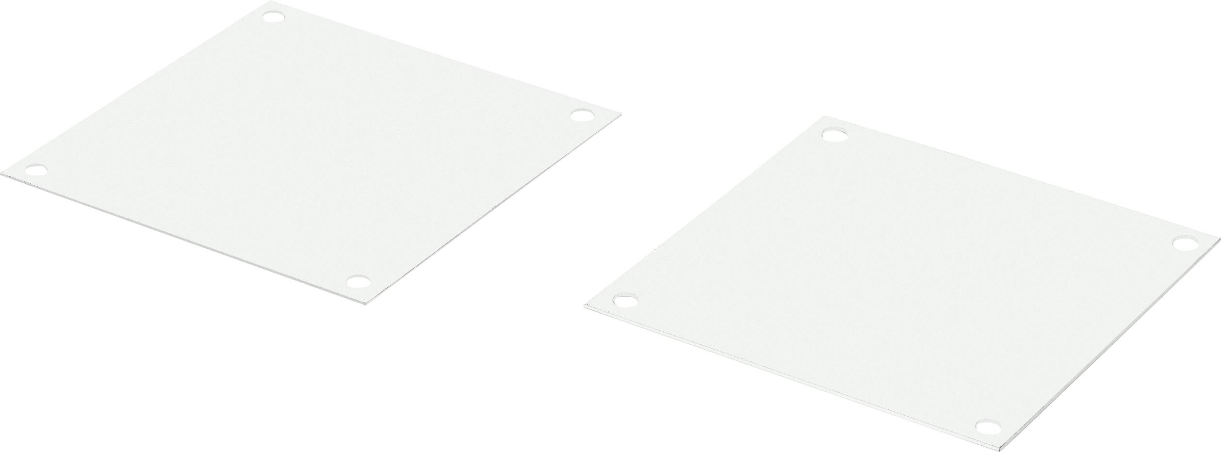Two white square plates with rounded corners and holes in the corners, lying side by side.