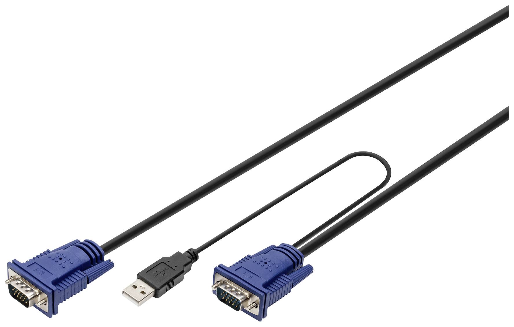 Two blue VGA plugs and a black USB plug on a cable. Used for connecting computers to monitors or projectors.