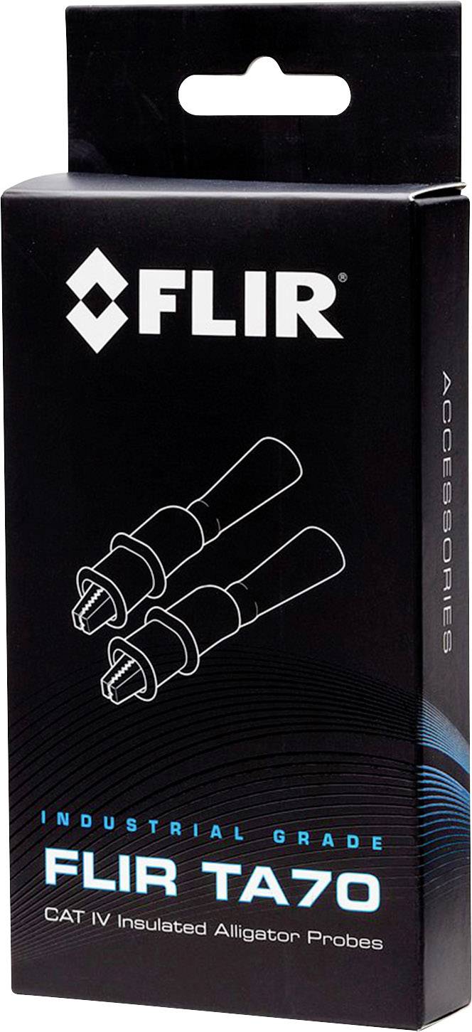 Black packaging for the 'FLIR TA70' CAT IV insulated crocodile clips, industrial standard, with an illustration of the clips printed on it.