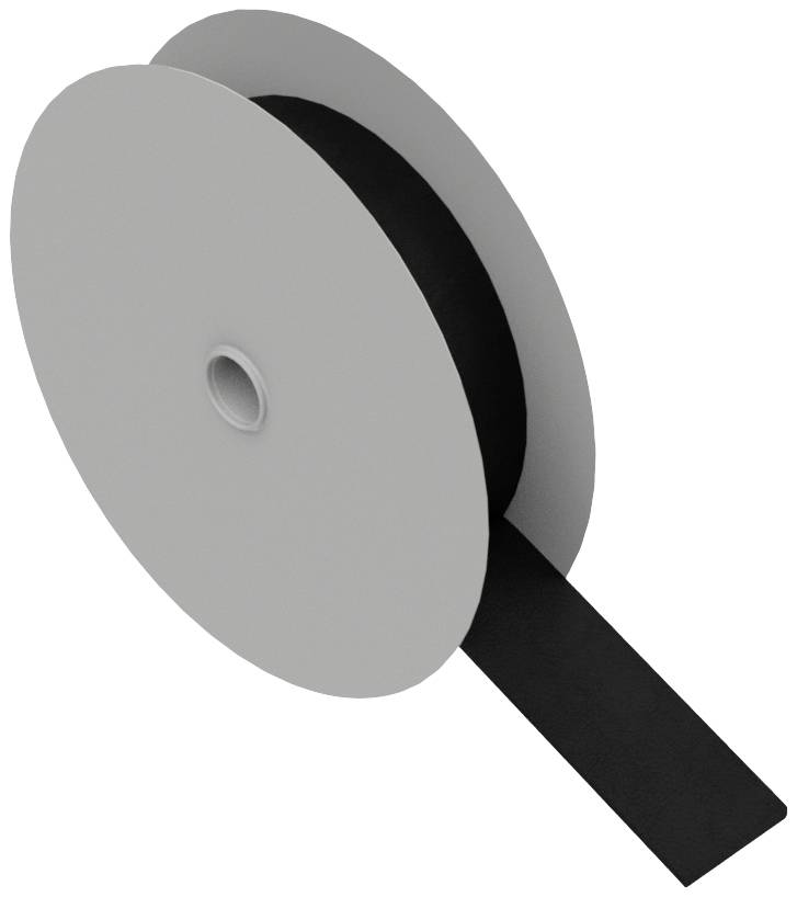 A large reel with black textile ribbon being unwound from the spool.