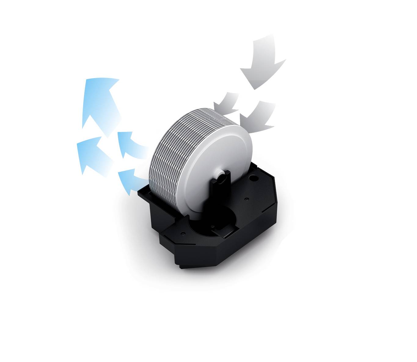 A humidifier deployment with blue and grey arrows emerging, symbolising air movement.