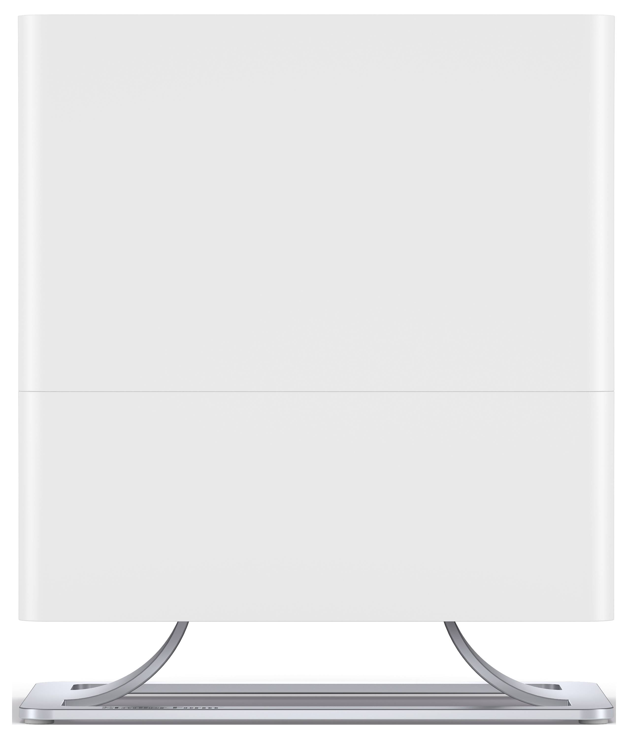 A modern, white air humidifier with a minimalist design stands on a metallic stand. Ideal for living or office spaces.